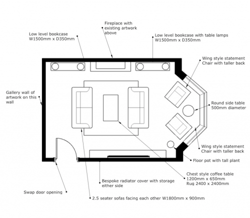 technical drawing of a floor plan showing space planning for a living room