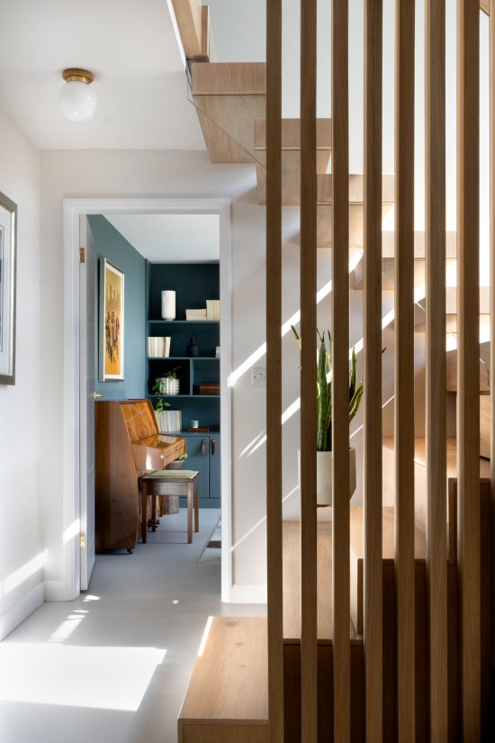 modern staircase design, slatted panelling, bespoke joinery, Natalie Holden Interiors, interior designer Manchester, interior designer wirral, interior designer Cheshire, interior design studio, media unit, bookcase, blue decoration ideas, inchyra blue farrow and ball