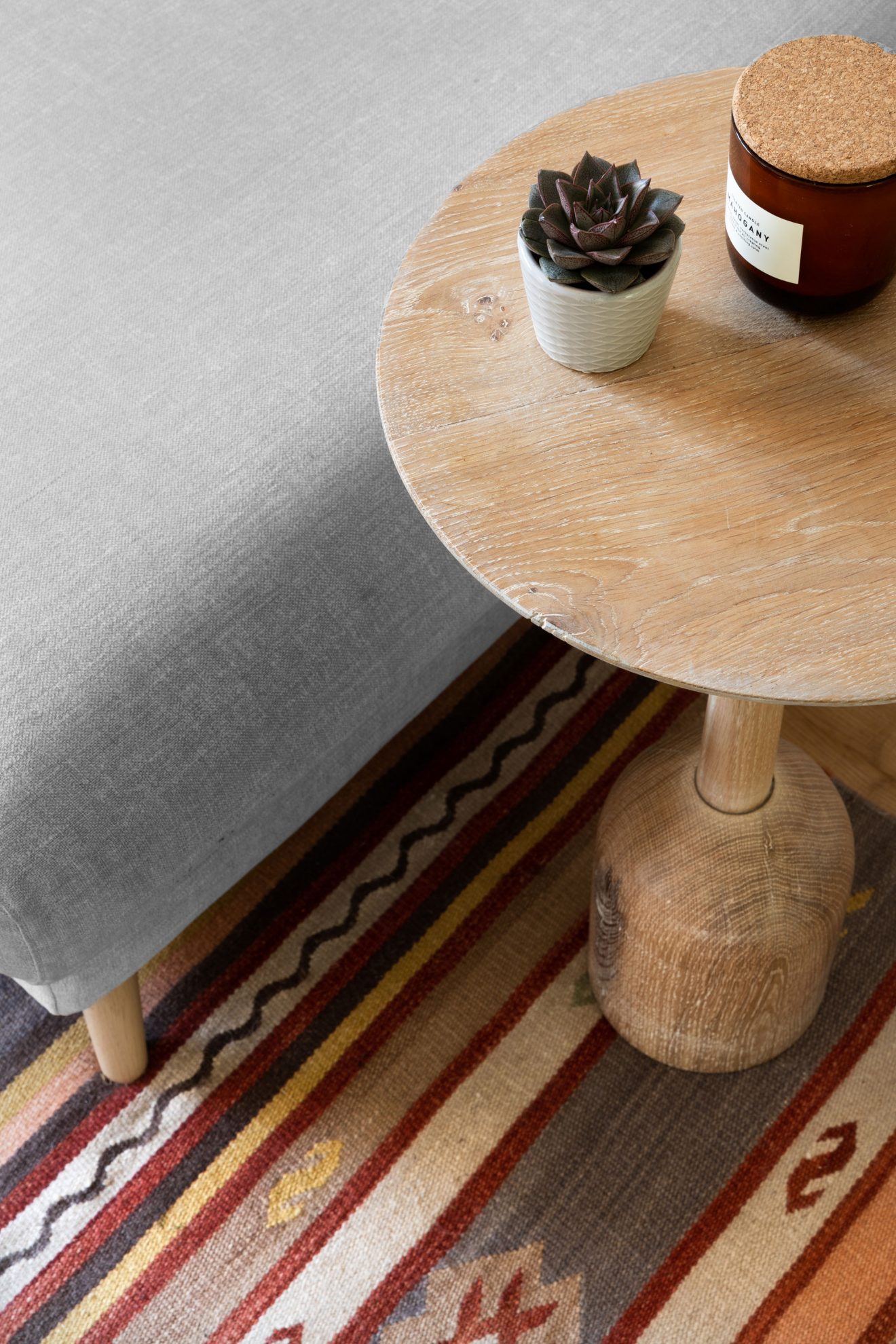 wooden side table, terracotta rug, flatwoven rug, Natalie Holden Interiors