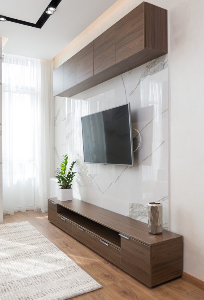 TV media wall with a mixture of high and low storage 