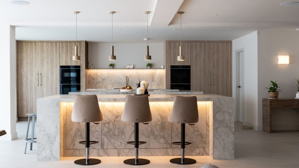 A minimalist kitchen design with marble surfaces, integrated lighting, and warm wood cabinetry - a perfect balance of simplicity, function, and luxury.